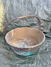 VINTAGE BRASS CAULDRON JAM PAN WITH RUSTIC METAL HANDLE HEARTH DECOR