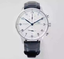 IWC Portuguese Chronograph 42mm White Dial Blue Hands Black Leather Strap Watch