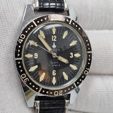 Vintage Rare 1960s Buren Diver Mens Watch Glow Mechanical 17 Jewel Black Dial 