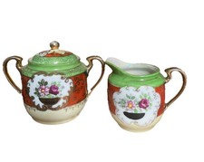 Genuine Vintage Samurai China Hand Painted Japan Porcelain Sugar Pot & Creamer