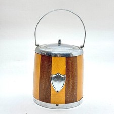 VINTAGE WOODEN BISCUIT BARREL METAL HANDLE CERAMIC STORAGE MID CENTURY RETRO