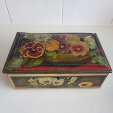 Antique Tea Tin Daisy Flowers Box Chest British 20cm footed original lock no key