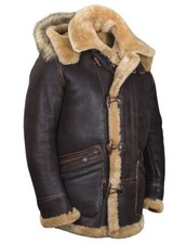 Men's B7 Flight Aviator Coat - Hooded Fur Brown Sheepskin Leather Long Jacket