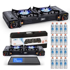 2 Burner Camping Stove Outdoor Camping Gas Cooker Griddle +16x Gas Cartridge