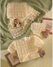 Crochet pattern copy 0465.  Baby cardigan shawl bonnet. 18 inch chest.  4ply