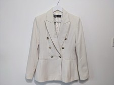 Zara White Ecru Double Breasted Textured  Fitted Blazer Size S