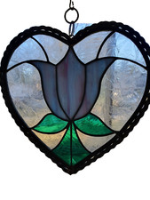 Heart Shaped Stained Glass Hanging Sun Catcher Tulip Purple Blue Green 8" x 8"