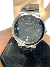 Bulova Mens Watch 98D162 Quartz Gunmetal Black Diamond Dial Stainless Steel 41mm