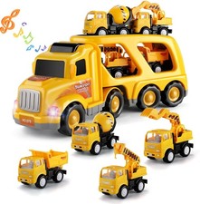 Construction Vehicle Toys 5 In 1 Kids Large Transporter Truck Digger Mixer Crane