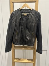 Mango Ladies Black Leather Round Neck Biker Jacket  Gold Hardware Euro XL