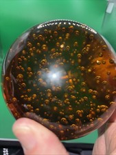 Vintage Hand Blown Amber Glass Paperweight with Bubbles 1.4kg 4 Inches Tall