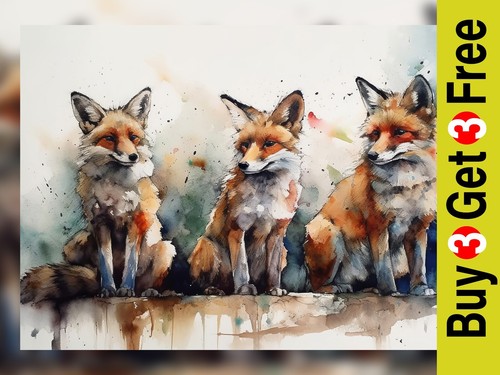 Woodland trio fox watercolor - -,