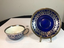 Zeh Scherzer Bavaria Germany Cobalt Blue Porcelain Demitasse Cup Silver Overlay