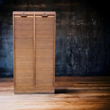 Vintage Oak & Plywood Tambour Roll Front Double Filing Cabinet