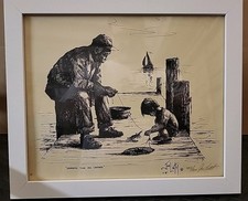 Joe Latil 1981 "Grandpa Took Me Crabing" Framed Signed Art Sketch 455/500