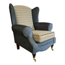 Queen Anne Wing Back Cottage Fireside Chair Blue and Orange Honeycomb Design