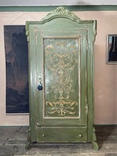 Vintage Painted Pine Green Wardrobe With Boiserie Panel And Distressed Paint