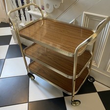 Vintage Metal Gold Tone 3 Shelf Drinks Tea Serving Hostess Cart Trolley on Wheel