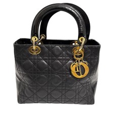 Christian Dior Cannage Lady Dior Handbag Leather Black Mini Tote Bag Good!