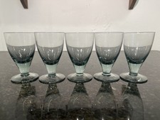 Vintage Blue Tint Stem Glasses Set of Five Elegant Small Wine Goblets