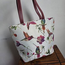 Tapestry Hummingbird Floral Tote Bag Shopper Shoulder Faux Leather Handles Zip