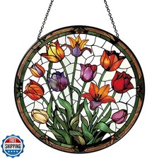 RVEAFA Tulip Stained Glass Window Hanging Botanical Sun Catcher D