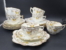 Antique Edwardian Melba Bone China Yellow Roses Tea Trio Cups Saucers Side Plate