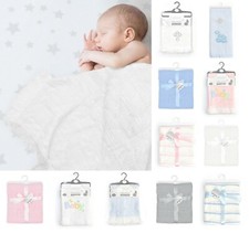 Large Baby Shawl Blanket Wrap Christening Gift Boys & Girls Knitted With Ribbon