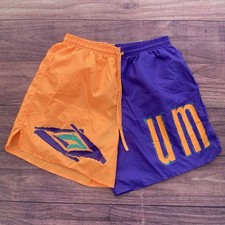 Vintage 90s Umbro Nylon Shorts Colorblock Orange Purple Medium Silky Soccer Gym
