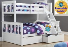 Wooden Triple Sleeper Bunk Bed And Drawers - Pine Double Bunks - Grey White Oak