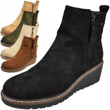 Ankle Wedge Boots Ladies Faux Suede Zip Warm Lined Comfy Grip Shoes Sizes