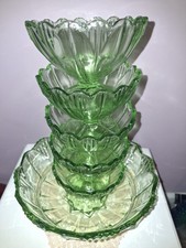 Vintage Art Deco Green Glass Fruit/Trifle/Dessert Set of Dishes