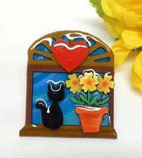 COLLECTIBLE PIN BY ECHO & HARA, BLACK CAT & FLOWER POT ON A WINDOW LEDGE
