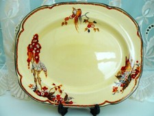 WOODS IVORY WARE *ART DECO * MEAT PLATTER   29cm x 23.5cm SYLVANIA  BIRDS /FLORA