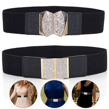 Elastic Wide Stretch Waist Ladies Waistband With Diamante Rhinestone Buckle