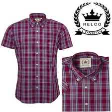 Relco Men's Burgundy Blue Red Check Short Sleeve Button Down Collar Mod  Shirt