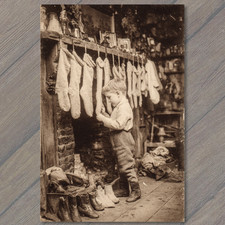 POSTCARD Boy Hanging Stockings Fireplace Christmas Morning Holiday Nostalgia