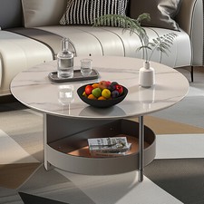 Sintered Stone Round Coffee Table Microfiber Saddle Leather Covered Basket Shelf
