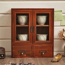 Vintage Desktop Cupboard Small Wooden Storage Cabinet Rustic Display Shelf Unit