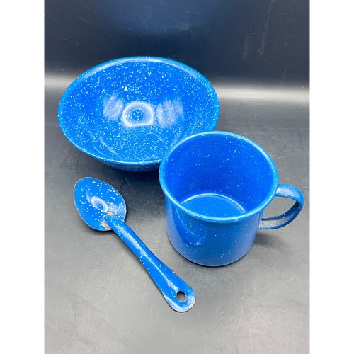 Vtg blue granite cup and - cup, bowl