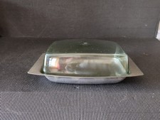VINTAGE/USABLE STAINLESS STEEL BUTTER DISH WITH PLASTIC LID