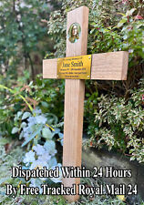 Oak Wood Memorial Cross Wooden Grave Marker Personalised Engraved Plaque Photo