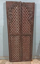 Antique Teak Wood Door Panels Pair Arch Shape Fine Carved Painted 33x66 inches