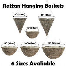 Rattan Hanging Baskets 12" 14" 16" 18" Lined Planter With Wire Chain Round Coned