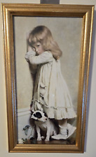 VTG Gold Wood Framed IN DISGRACE Charles Burton Barber Little Girl w Dog 8.25x15
