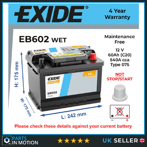 Car battery eb602 exide 075 - car,