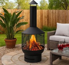 Metal Chiminea Fire Pit Outdoor Garden Heater with Cut-Out Chimney & Sturdy Base