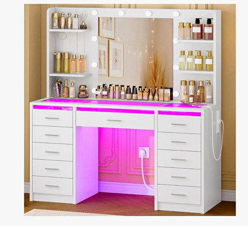 White dressing table lighted - white, table,