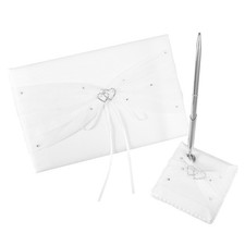 Double Heart Embellished Satin Wedding Guestbook Pen and Stand