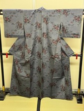 Japanese Vintage Kimono Polyester Gray Tradition Expensive Flower Height 66.14in